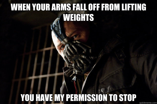 When your arms fall off from lifting weights you have my permission to stop - When your arms fall off from lifting weights you have my permission to stop  Academy Bane