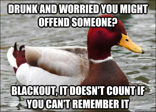 Drunk and worried you might offend someone? blackout, it doesn't count if you can't remember it  Malicious Advice Mallard