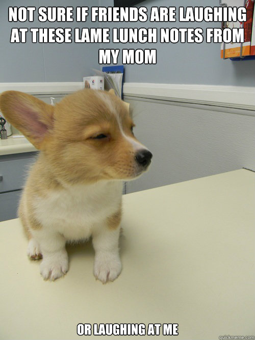 not sure if friends are laughing at these lame lunch notes from my mom or laughing at me - not sure if friends are laughing at these lame lunch notes from my mom or laughing at me  Not Sure Dog