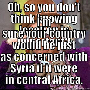 OH, SO YOU DON'T THINK KNOWING LOCATION IS IMPORTANT? I'M SURE YOUR COUNTRY WOULD BE JUST AS CONCERNED WITH SYRIA IF IT WERE IN CENTRAL AFRICA. Condescending Wonka
