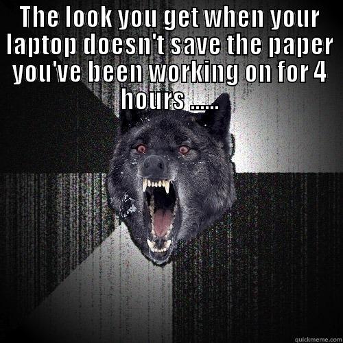 THE LOOK YOU GET WHEN YOUR LAPTOP DOESN'T SAVE THE PAPER YOU'VE BEEN WORKING ON FOR 4 HOURS ......  Insanity Wolf