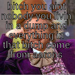 BITCH YOU AINT NOBODY YOU LIVIN IN A DUMP AND EVERYTHING IN THAT BITCH COME FROM AARON'S  Condescending Wonka