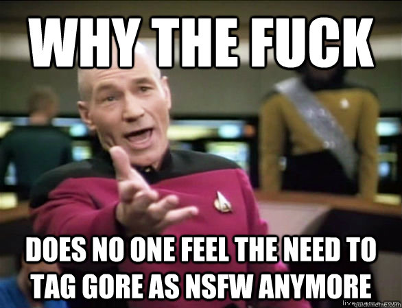 why the fuck does no one feel the need to tag gore as nsfw anymore  Annoyed Picard HD