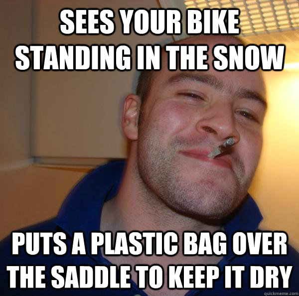 Sees your bike standing in the snow puts a plastic bag over the saddle to Keep it dry - Sees your bike standing in the snow puts a plastic bag over the saddle to Keep it dry  Misc