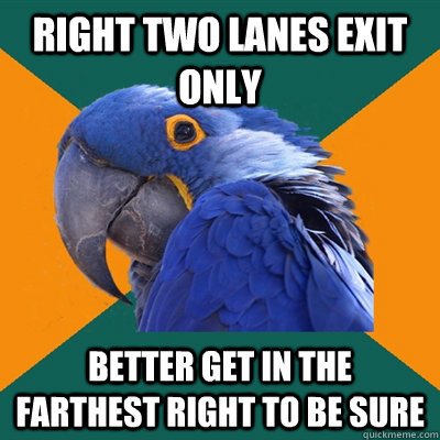 Right two lanes exit only better get in the farthest right to be sure  Paranoid Parrot