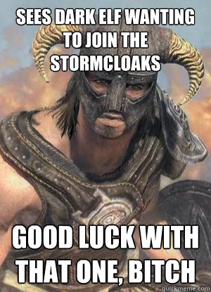 sees dark elf wanting to join the stormcloaks good luck with that one, bitch  Scumbag low lvl Dovahkiin