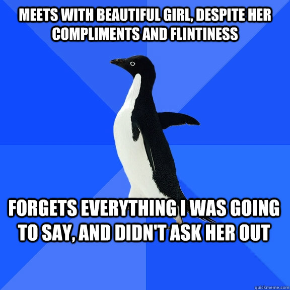Meets with beautiful girl, despite her compliments and flintiness Forgets everything I was going to say, and didn't ask her out  Socially Awkward Penguin