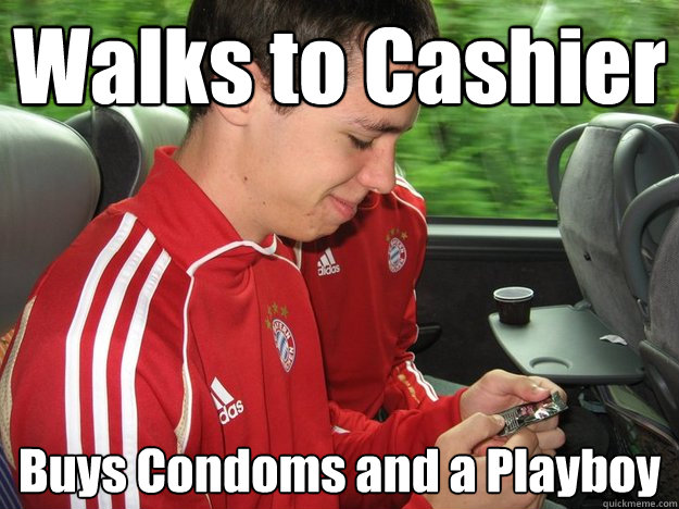 Walks to Cashier Buys Condoms and a Playboy  