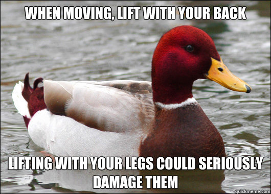 When moving, lift with your back Lifting with your legs could seriously damage them  Malicious Advice Mallard