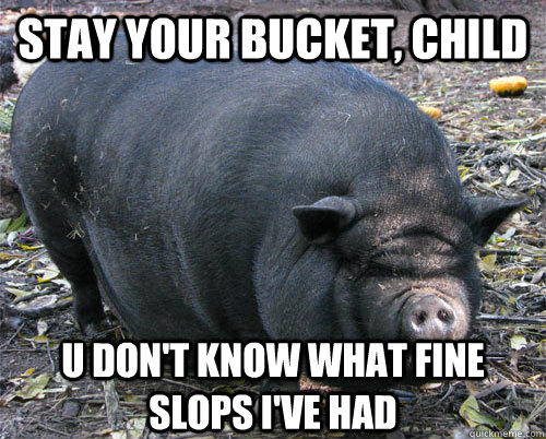 stay your bucket, child u don't know what fine slops i've had  