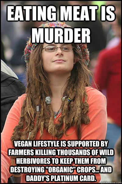 Eating meat is murder Vegan lifestyle is supported by farmers killing thousands of wild herbivores to keep them from destroying 