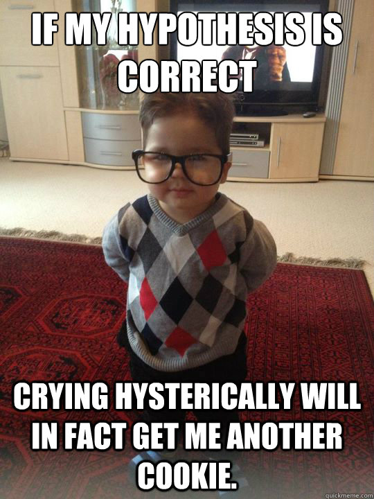 If my hypothesis is correct crying hysterically will in fact get me another cookie. - If my hypothesis is correct crying hysterically will in fact get me another cookie.  Witty Two Year Old