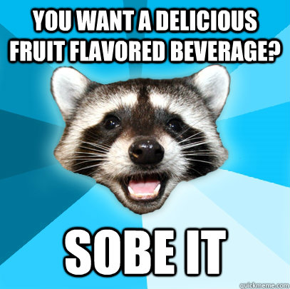 You want a delicious fruit flavored beverage? sobe it  Lame Pun Coon