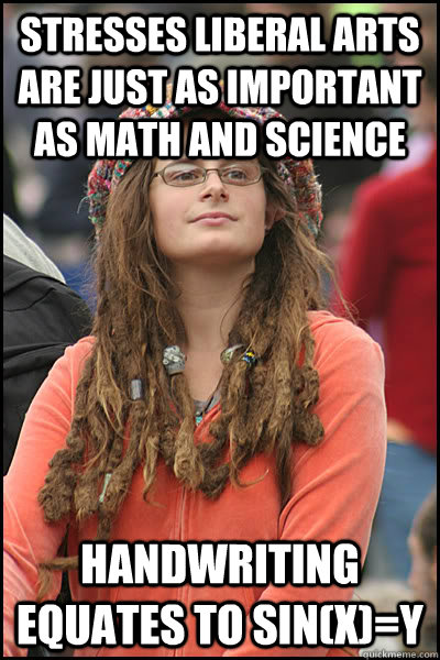 Stresses liberal arts are just as important as math and science Handwriting equates to sin(x)=y  College Liberal