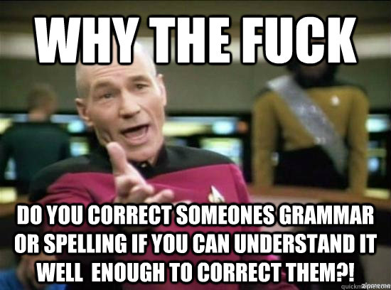 Why the fuck do you correct someones grammar or spelling if you can understand it well  enough to correct them?! - Why the fuck do you correct someones grammar or spelling if you can understand it well  enough to correct them?!  Annoyed Picard HD