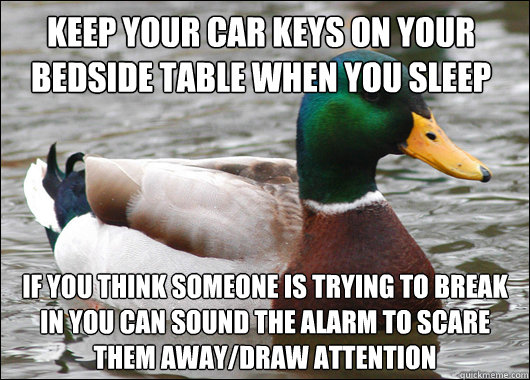 keep your car keys on your bedside table when you sleep if you think someone is trying to break in you can sound the alarm to scare them away/draw attention  Actual Advice Mallard