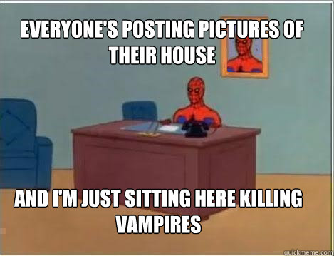 Everyone's posting pictures of their house And i'm just sitting here killing vampires  Spiderman