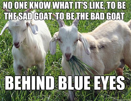 no one know what it's like, to be the sad goat, to be the bad goat behind blue eyes - no one know what it's like, to be the sad goat, to be the bad goat behind blue eyes  Goat Quotes