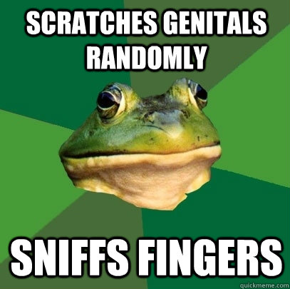 scratches genitals randomly sniffs fingers  Foul Bachelor Frog