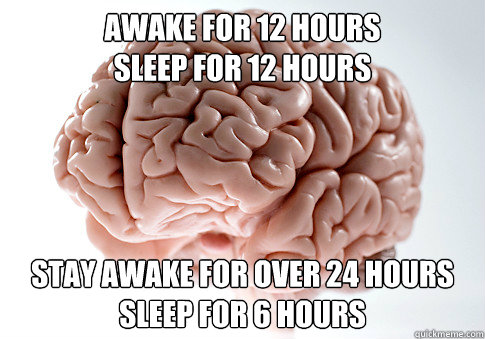 Awake for 12 hours
sleep for 12 hours Stay awake for over 24 hours
sleep for 6 hours - Awake for 12 hours
sleep for 12 hours Stay awake for over 24 hours
sleep for 6 hours  Scumbag Brain