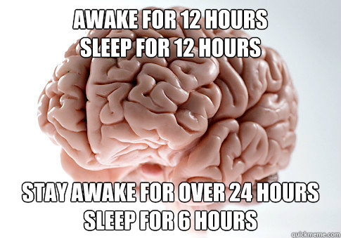 Awake for 12 hours
sleep for 12 hours Stay awake for over 24 hours
sleep for 6 hours  Scumbag Brain