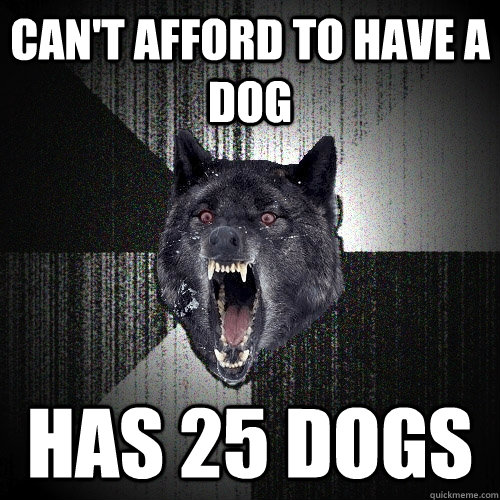 can't afford to have a dog has 25 dogs  Insanity Wolf