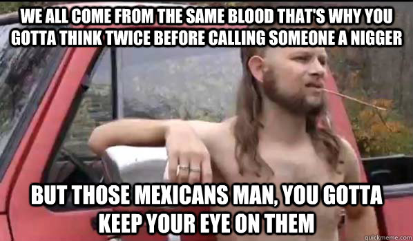 we all come from the same blood that's why you gotta think twice before calling someone a nigger but those Mexicans man, you gotta keep your eye on them  Almost Politically Correct Redneck