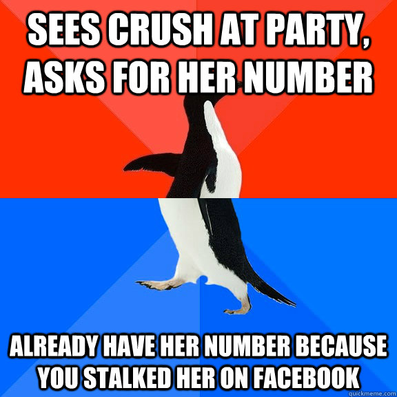 SEES CRUSH AT PARTY, ASKS FOR HER NUMBER ALREADY HAVE HER NUMBER BECAUSE YOU STALKED HER ON FACEBOOK  Socially Awesome Awkward Penguin
