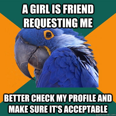 a girl is friend requesting me better check my profile and make sure it's acceptable   Paranoid Parrot
