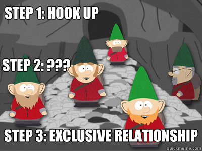 Step 1: Hook Up Step 3: Exclusive Relationship Step 2: ???   Underpants Gnomes