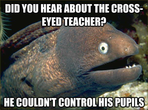 Did you hear about the cross-eyed teacher? He couldn't control his pupils  Bad Joke Eel