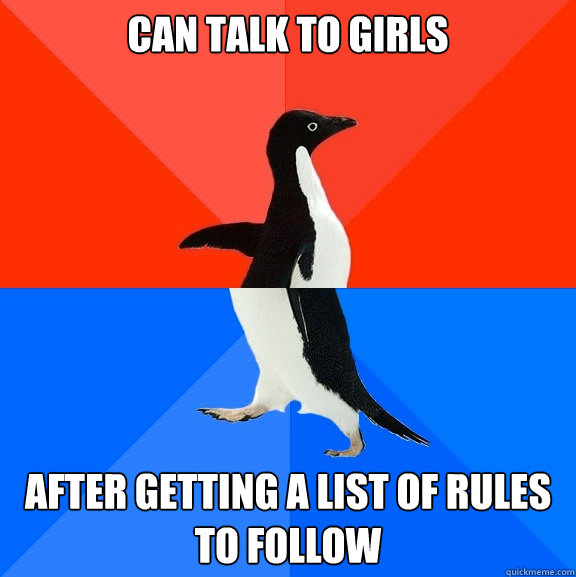 Can talk to girls after getting a list of rules to follow  Socially Awesome Awkward Penguin