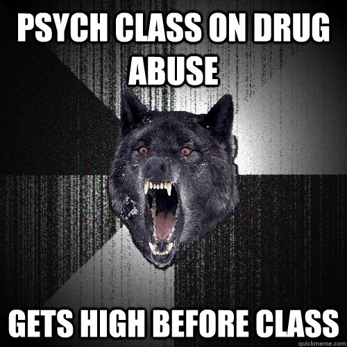 psych class on drug abuse gets high before class  Insanity Wolf
