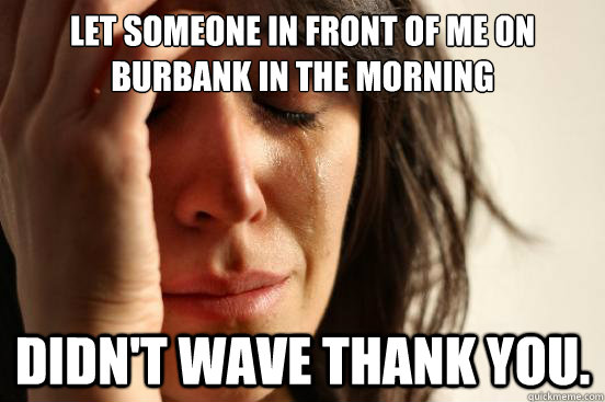Let someone in front of me on Burbank in the morning Didn't wave thank you.  First World Problems