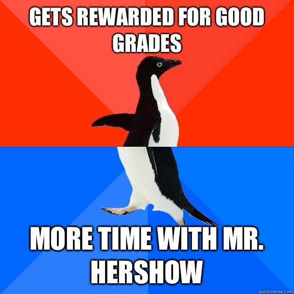 Gets rewarded for good grades More time with Mr. Hershow  Socially Awesome Awkward Penguin