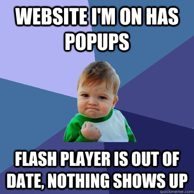 Website I'm on has popups Flash player is out of date, nothing shows up  Success Kid