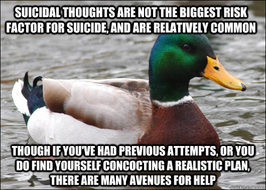 Suicidal thoughts are not the biggest risk factor for suicide, and are relatively common Though if you've had previous attempts, or you do find yourself concocting a realistic plan, there are many avenues for help  Actual Advice Mallard