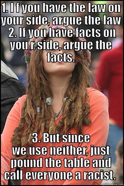 1. I F YOU HAVE THE LAW ON YOUR SIDE, ARGUE THE LAW  2. IF YOU HAVE FACTS ON YOU R SIDE, ARGUE THE FACTS. 3. BUT SINCE WE USE NEITHER, JUST POUND THE TABLE AND CALL EVERYONE A RACIST.  College Liberal