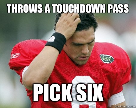 throws a touchdown pass pick six  Off The Mark Sanchez