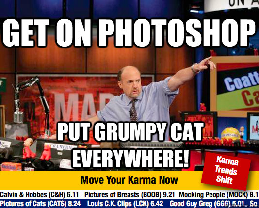 Get on photoshop put grumpy cat everywhere!  Mad Karma with Jim Cramer