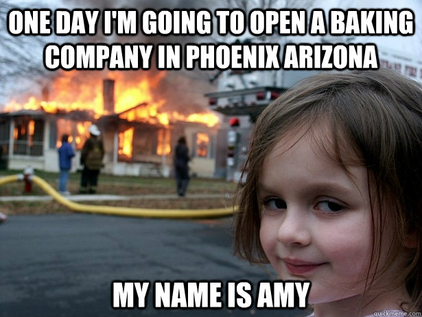 one day I'm going to open a baking company in phoenix Arizona  my name is amy   Disaster Girl