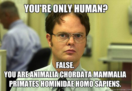 You're only human? False. 
You are animalia chordata mammalia primates hominidae homo sapiens.  Dwight