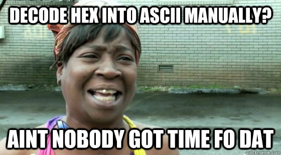 Decode Hex into ASCII manually? aint nobody got time fo dat  