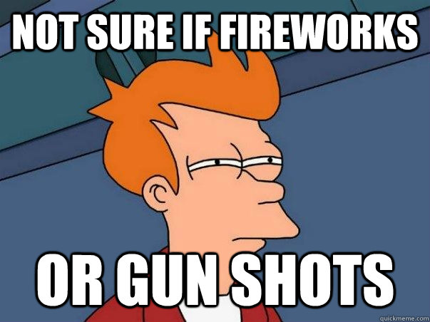 not sure if fireworks or gun shots  Not sure Fry