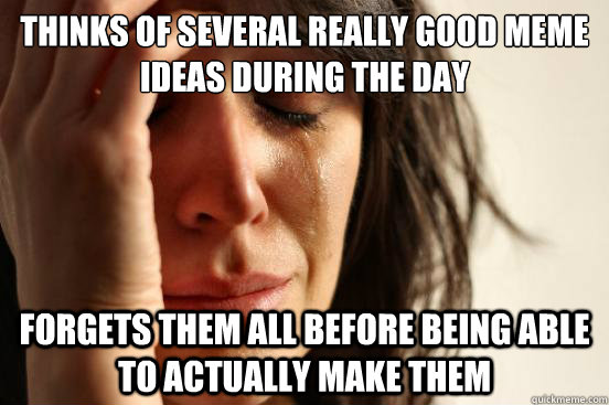 Thinks of several really good MEME ideas during the day Forgets them all before being able to actually make them  First World Problems