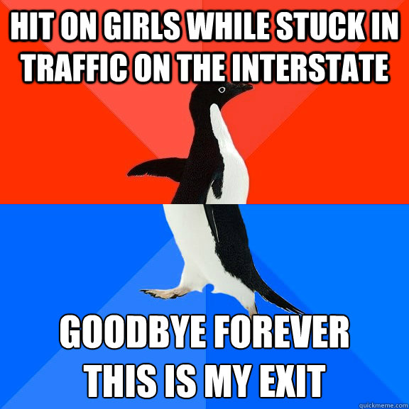 Hit on girls while stuck in traffic on the interstate goodbye forever
this is my exit  Socially Awesome Awkward Penguin