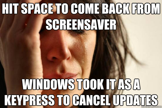 Hit space to come back from screensaver Windows took it as a keypress to cancel Updates - Hit space to come back from screensaver Windows took it as a keypress to cancel Updates  First World Problems