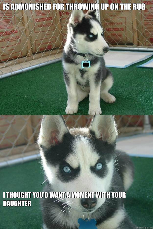 Is admonished for throwing up on the rug i thought you'd want a moment with your daughter  Insanity puppy