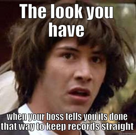 THE LOOK YOU HAVE WHEN YOUR BOSS TELLS YOU ITS DONE THAT WAY TO KEEP RECORDS STRAIGHT conspiracy keanu