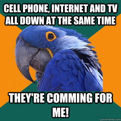 Cell phone, Internet and TV all down at the same time they're comming for me! - Cell phone, Internet and TV all down at the same time they're comming for me!  Paranoid Parrot